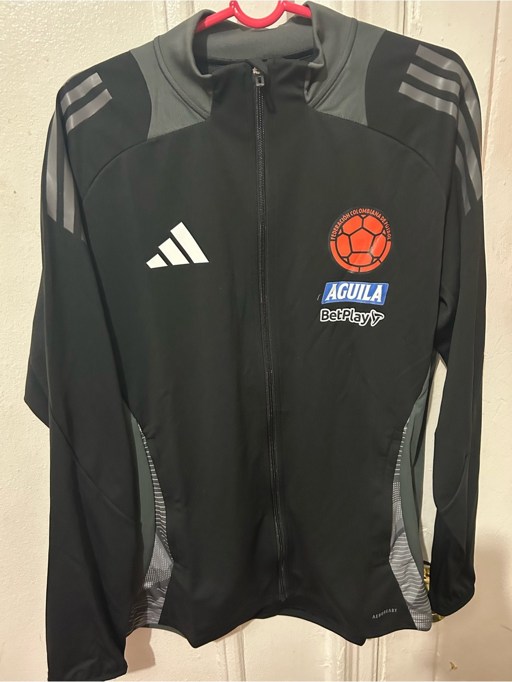 adidas Black Track Jacket with Red Crest and White Logos - Picture 2 of 4